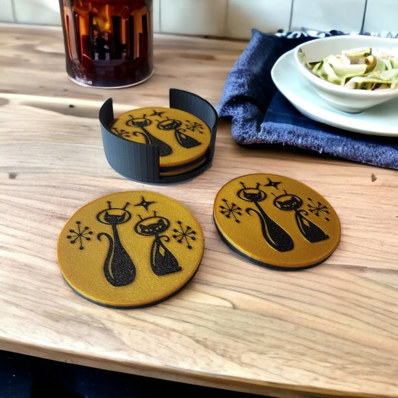 Mid Century Modern Space Age Cats Coasters For Bar Kitchen Room Retro Decor Gold - Picture 3 of 10
